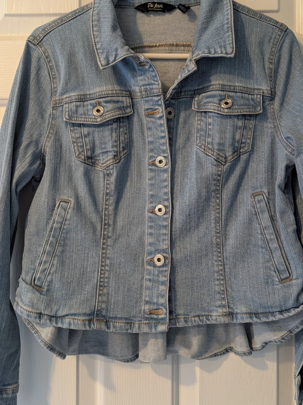 Light Wash Denim Ruffle Hem Jacket - Women